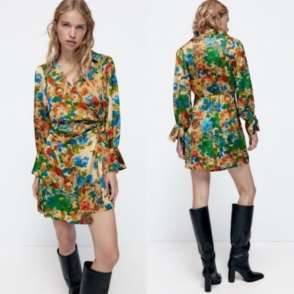 Zara Floral Mini Wrap Dress Satin Effect Blogger favorite